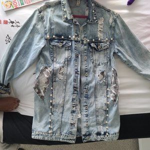 Pearled Distressed Denim Jacket